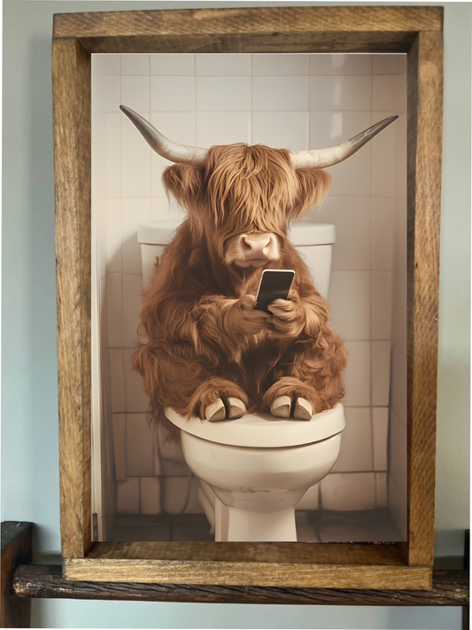 Always on the Phone Highland Cow Farmhouse Sign