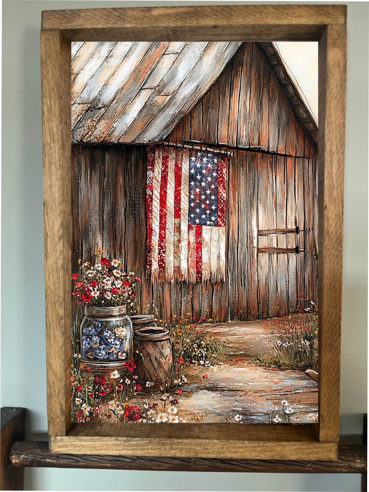 Barn with American Flag Farmhouse Sign