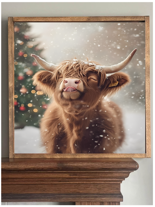 Catching Snowflakes Highland Cow Farmhouse Sign