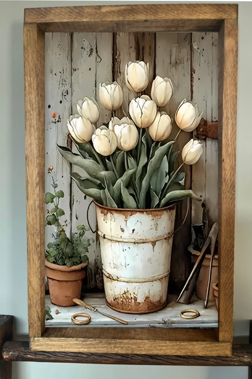Cream Tulip Bucket Farmhouse Sign