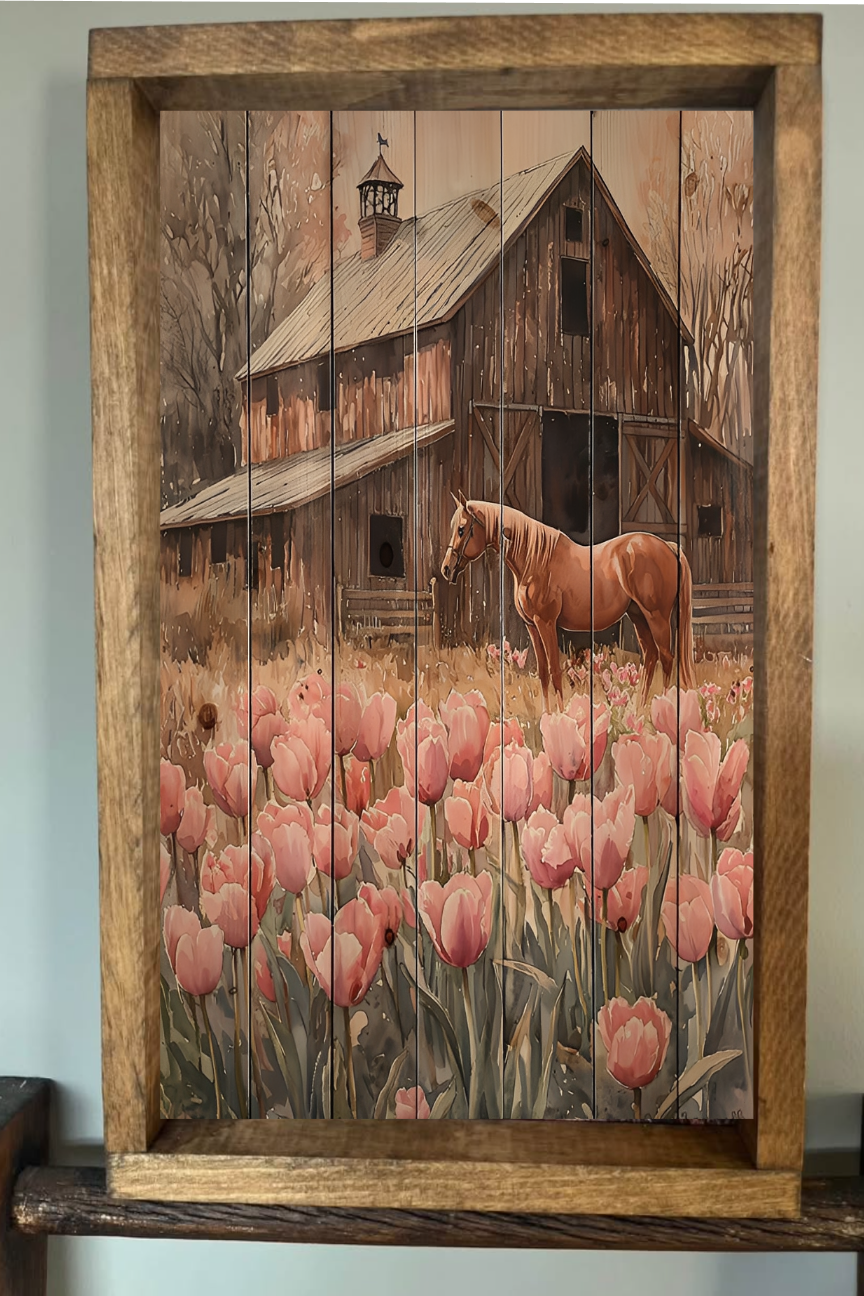 Horse in a field of Flowers Farmhouse Sign