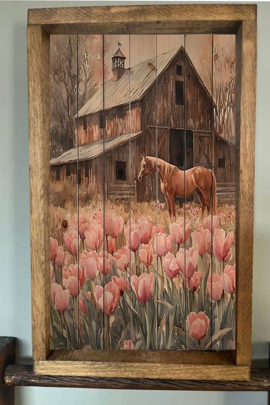 Horse in a field of Flowers Farmhouse Sign