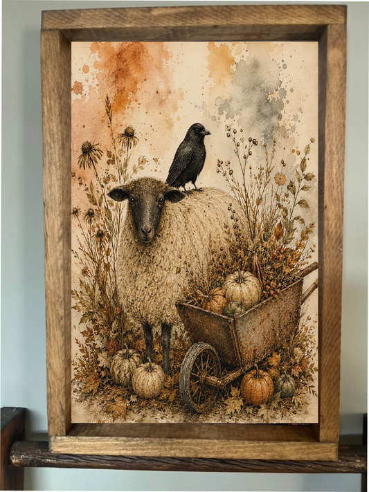 Fall Lamb and Crow Farmhouse Sign