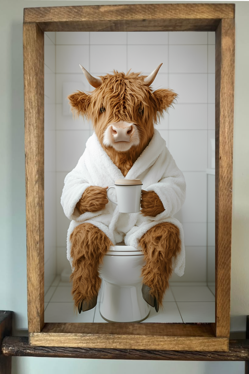 Hiding in the Bathroom Highland Cow Farmhouse Sign