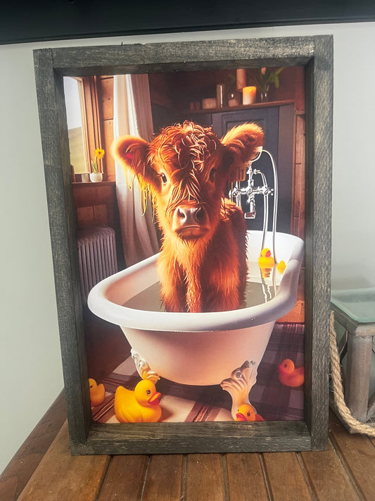 highland cow
highland cow in bathtub
rubber ducky
farmhouse sign
bathroom decor
bathroom sign