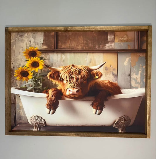 Sunflower Bathtub Highland Cow Farmhouse Sign