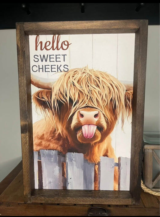 Hello Sweet Cheeks Highland Cow Farmhouse Sign