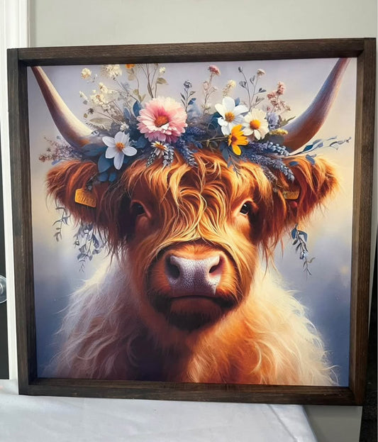 Blue Flower Crown Highland Cow Farmhouse Sign