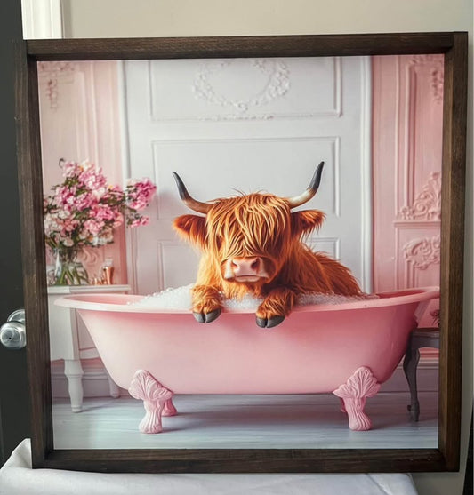 Pink Bathtub Highland Cow Farmhouse Sign