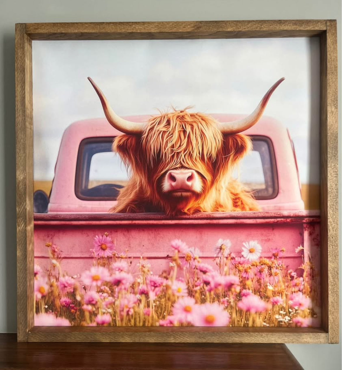 Pink Vintage Truck Highland Cow Farmhouse Sign