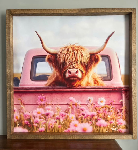 Pink Vintage Truck Highland Cow Farmhouse Sign