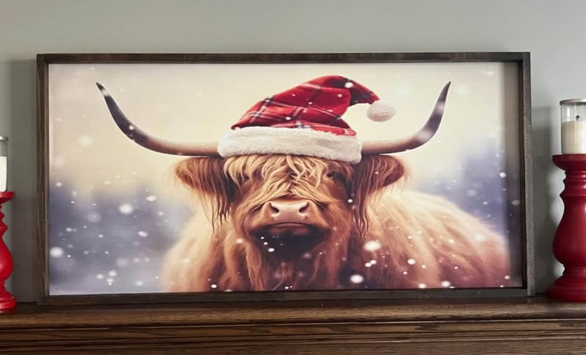 Santa Hat Highland Cow Farmhouse Sign