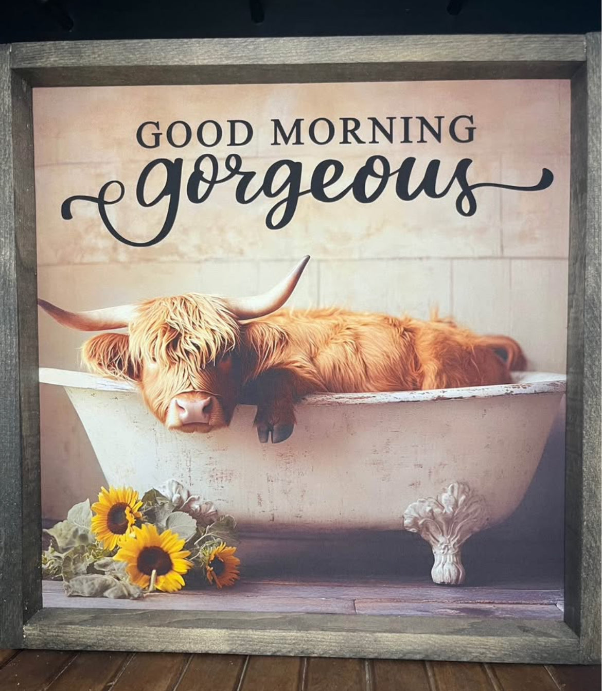 Good Morning Gorgeous Highland Cow Farmhouse Sign