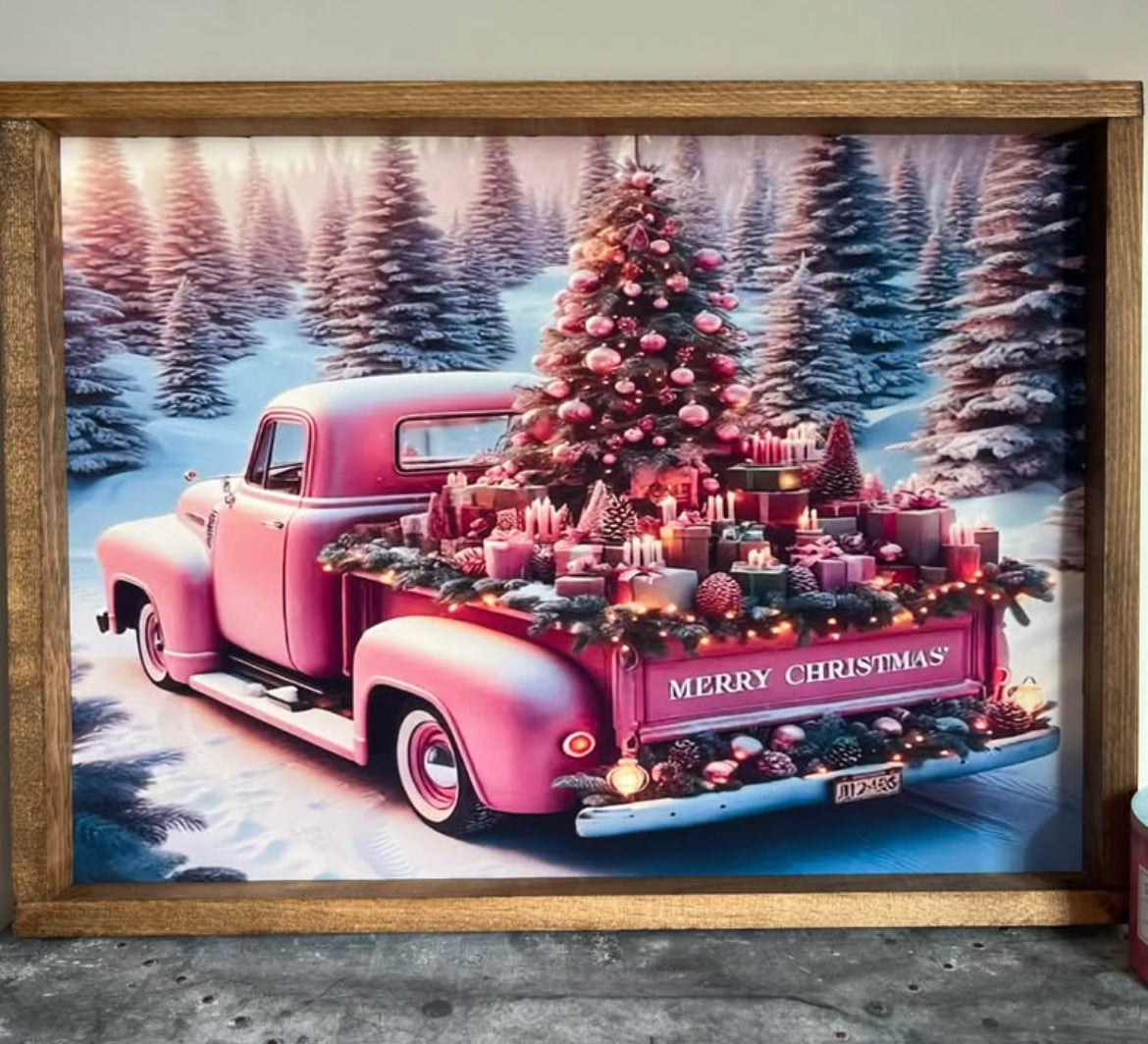 Merry Christmas Vintage Pink Truck Farmhouse Sign