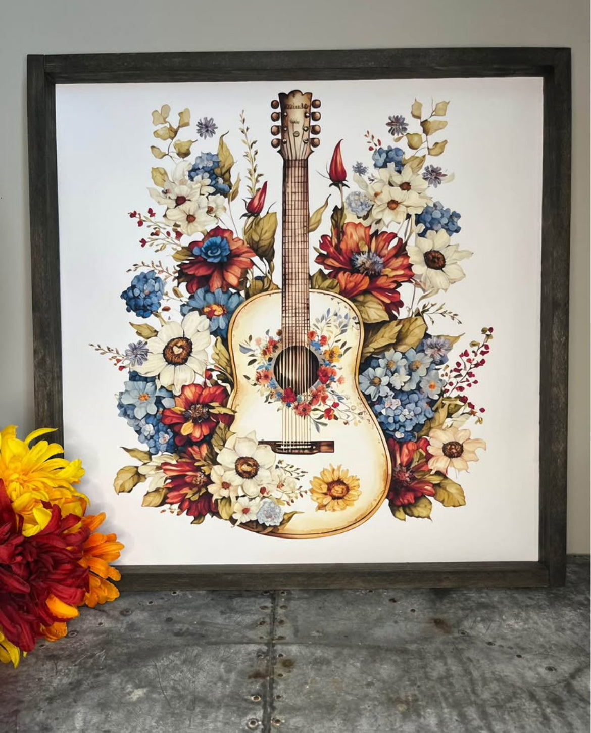 Rustic Guitar with Flowers Farmhouse Sign