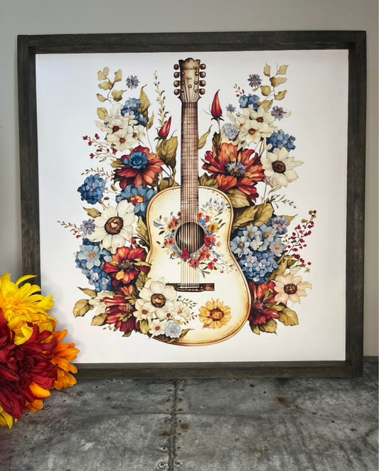 Rustic Guitar with Flowers Farmhouse Sign