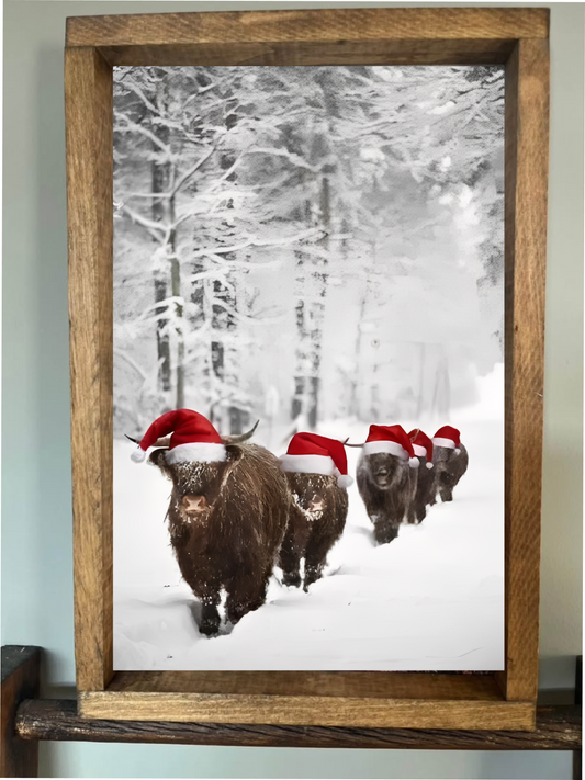 Marching Through the Snow Highland Cow Farmhouse Sign