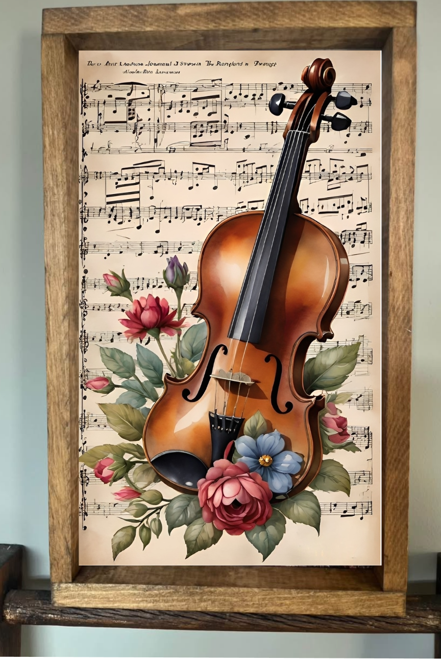 Violin and Flowers Farmhouse Sign