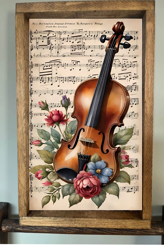 Violin and Flowers Farmhouse Sign