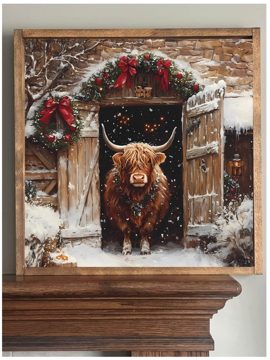 Waiting for Christmas Highland Cow Farmhouse Sign