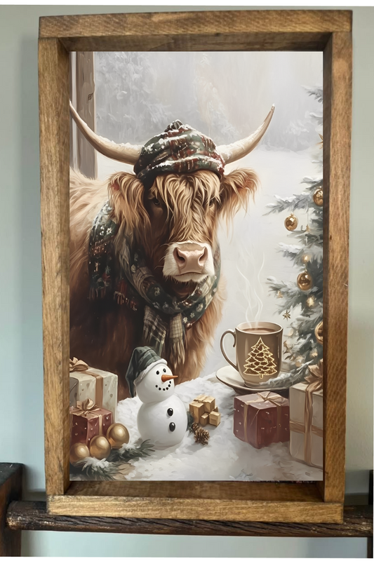 Winter Highland Cow Farmhouse Sign